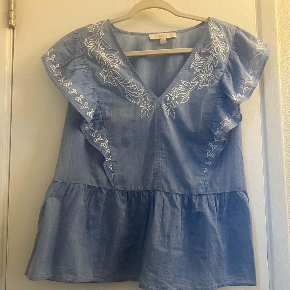 LOFT Light Blue Blouse with White Embroidery
